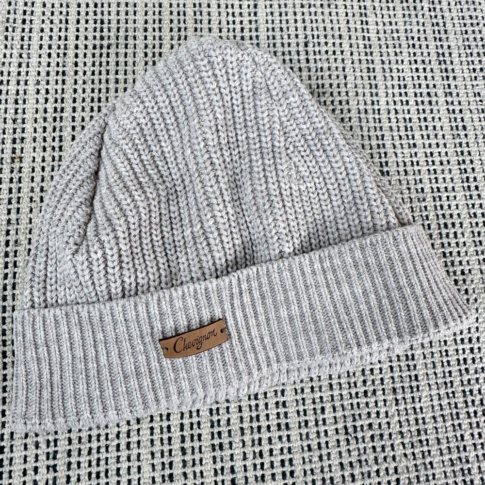 Chevignon Beanie Hat Unisex OS Oatmeal Grey Ribbed Knit Leather Logo Patch Cap
